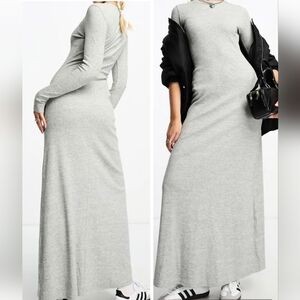 NWOT ASOS Gray Ribbed Cotton Long Sleeve Maxi Dress Sz 12